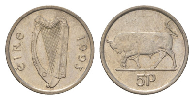 Ирландия 5 пенсов 1993 бык KM 28 медно-никель aUNC 4627-818