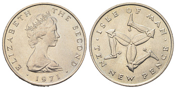 Остров Мэн 10 пенсов 1971 Елизавета II (1952-2022) KM 23 медно-никель UNC 115-1134