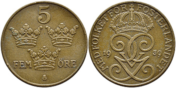 Швеция 5 эре 1939 Густав V (1907-1950) KM 779.2 бронза 4394-936