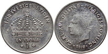 Швеция 1 крона 2005 Карл XVI Густав (1973- ) KM 894 медно-никель 93-425