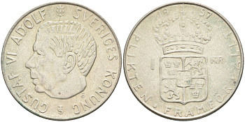 Швеция 1 крона 1957 TS, Густав VI Адольф (1950-1973) KM 826 серебро 3851-1236