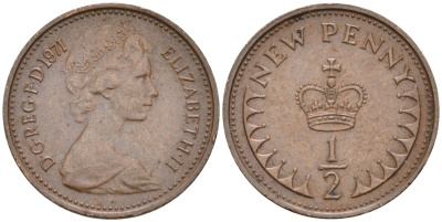 Великобритания 1/2 пенни 1971 Елизавета II (1952-2022) KM 914, Spink 4239 бронза 26-743