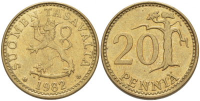 ФИНЛЯНДИЯ 20 ПЕННИ 1982 K KM 47 алюминиевая бронза 3718-517