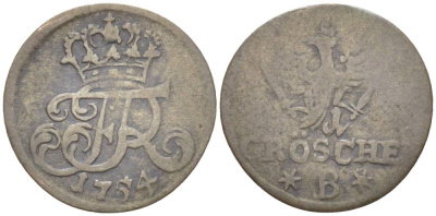 Силезия 1 грош 1754 B, Фридрих II Прусский (1740-1786), вес 0,48 гр., монетный двор Бреслау KM 3, Olding 325 серебро 1517-1233