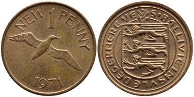 Гернси 1 пенни 1971 Елизавета II (1952-2022), северная олуша в полете KM 21 бронза UNC 53-121