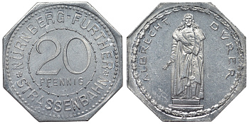 Германия, Нюрнберг - Фюрт 20 пфеннигов ND трамвайный жетон, памятник Дюреру алюминий UNC 4119-722