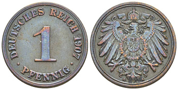 ГЕРМАНИЯ 1 ПФЕННИГ 1907 A KM 10, Jager. 10, Weege 2 медь 4528-1242