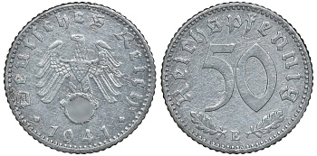 Германия 50 рейхспфеннигов 1941 E, цена по каталогу МТ 36 евро KM 96, J. 372 алюминий 72-1317