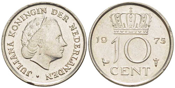 НИДЕРЛАНДЫ 10 ЦЕНТОВ 1975 ЮЛИАНА (1948-1980) KM 182 никель 116-1015