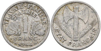 Франция 1 франк 1944 LB, тип Lourde, правительство Виши KM 902.1 алюминий 4142-942