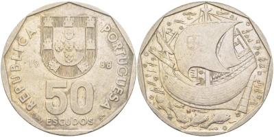 Португалия 50 эскудо 1988 парусник KM 636 медно-никель 4517-341
