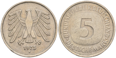 ФРГ 5 марок 1975 F, монетный двор Штутгарт КМ 140.1, J. 415 медно-никель плакированный никелем 85-1146