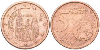 Испания 5 евроцентов 2001 KM 1042 сталь плакированная медью 4613-312