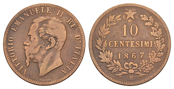 Италия 10 чентезимо 1867 H, Виктор Эммануил II (1861-1878) KM 11 медь 4657-524