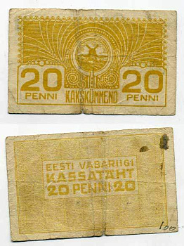 ЭСТОНИЯ 20 ПЕННИ 1919 Pick 41a бумага 2196-9-3-2