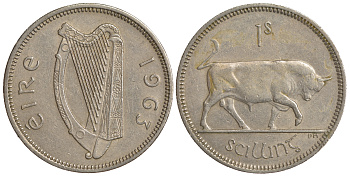 ИРЛАНДИЯ 1 ШИЛЛИНГ 1963 БЫК KM 14a медно-никель 4390-322