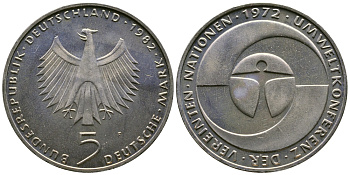 ФРГ 5 марок 1982 F, 10 лет конференции ООН по окружающей среде КМ 157, J.431 медно-никель плакированный никелем UNC 4542-612