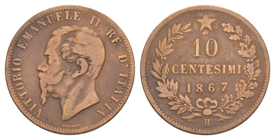 Италия 10 чентезимо 1867 H, Виктор Эммануил II (1861-1878) KM 11 медь 4657-524