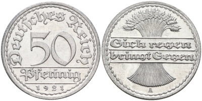 Германия 50 пфеннигов 1921 A KM 27, J.301, Weege 10 алюминий UNC 4584-842