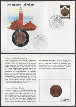 Гибралтар 2 пенса 1990 в конверте с маркой (КПД - Конверт первого дня Гашения) KM 21 бронза UNC 9003-62