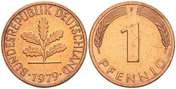 ФРГ 1 ПФЕННИГ 1979 F KM 105, J.380 сталь плакированная медью 4532-1262