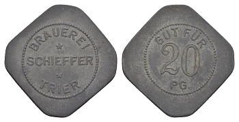 Германия, пивоварня Шиффер, Трир пивной жетон в 20 пфеннигов ND цинк 4582-1122