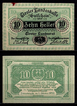 Австрия (Федеральная земля Тироль) 10 геллеров 1920 Jaksc/Pick# 0411-10 бумага аUNC 7555-9-4-1