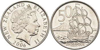 Новая Зеландия 50 центов 2006 Елизавета II (1952-2022), парусник Индевор KM 119а никелированная сталь 4579-1054