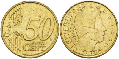 ЛЮКСЕМБУРГ 50 ЕВРОЦЕНТОВ 2008 ВЕЛИКИЙ ГЕРЦОГ АНРИ KM 91 латунь 4543-153