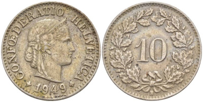 ШВЕЙЦАРИЯ 10 РАППЕНОВ 1949 В KM 27 медно-никель 206-321