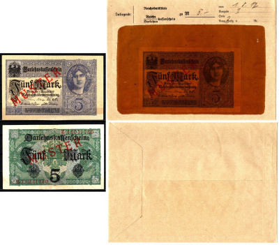 Германия 5 марок 1917 1 августа, MUSTER, образец, Specimen. В оригинальном банковском конверте. Из коллекции Отто Сейфферта (помощник Ялмара Шахта - министра экономики Германии и президента Рейхсбанка времен третьего рейха) Pick 56 s, Grabowski DEU 61 b б