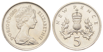 Великобритания 5 пенсов 1980 Елизавета II (1952-2022) KM 911, Spink 4233 (D1) медно-никель UNC 4698-1024