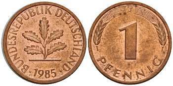 ФРГ 1 пфенниг 1985 J KM 105, J.380 сталь плакированная медью 4602-765