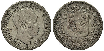 Пруссия 1/6 талера 1828 D, Фридрих Вильгельм III (1797-1840) KM 411 серебро 1519-1431