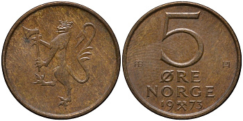Норвегия 5 эре 1973 Улаф V (1958-1991) ​KM 415 бронза 201-463