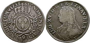 Франция 1 экю 1728 9, Людовик XV KM 486.26 (С42,27) серебро 603-1344