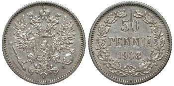 Россия для Финляндии 50 пенни 1908 L, Николай II (1894-1917) КМ 2.2, Биткин 403 серебро 75-836