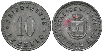 Ной-Ульм (Бавария) 10 пфеннингов 1917 Funck 378.2, Men18 23462.2 цинк 4169-1169