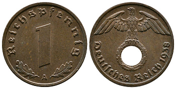 Германия 1 рейхспфенниг 1938 A KM 89, J. 361 бронза    220-268