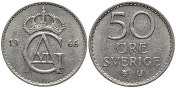 Швеция 50 эре 1966 U, Густав VI Адольф (1950-1973) KM 837 медно-никель 4577-756