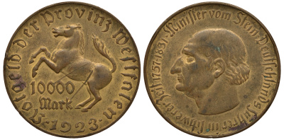 Германия, Вестфалия 10000 марок 1923 Штейн, лошадь, 44,0 мм	J. N 20 b	медь цинк 413-6012
