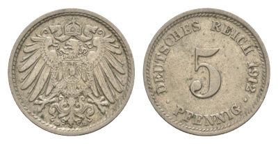 Германия 5 пфеннигов 1912 D, Вильгельм II (1888-1918) KM 11, J.12 медно-никель 4644-1065
