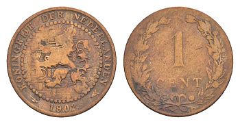 Нидерланды 1 цент 1902 Вильгельмина (1890-1948) KM 132 бронза 73-148