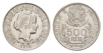 Бразилия 500 реалов (рейсов) 1912 год-тип KM 509 серебро 1519-1513