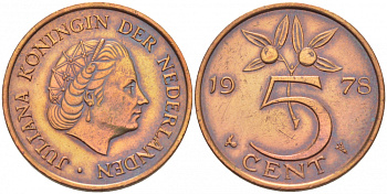 НИДЕРЛАНДЫ 5 ЦЕНТОВ 1978 ЮЛИАНА KM 181 бронза 3856-1045