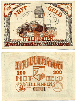 ТАИЛФИНГЕН 200000000 марок (200 миллионов) 1923 ОКТЯБРЬ 1923, нотгельд, земля Keller 5119а бумага 2193-29-2-1