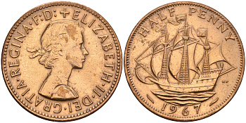 Великобритания 1/2 пенни 1967 Елизавета II (1952-2022) KM 896, Spink 4158 бронза    4153-331