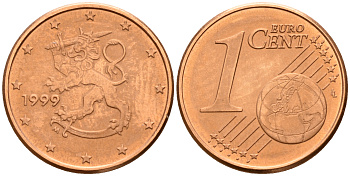 Финляндия 1 евроцент 1999  KM 98 сталь плакированная медью  UNC  4189-142