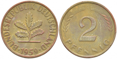 ФРГ 2 ПФЕННИГА 1959 G KM 106, J. 381 бронза 3718-356