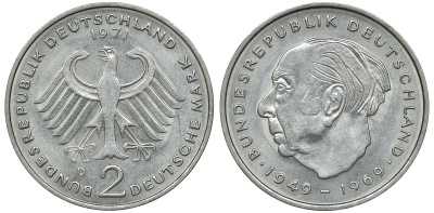 ФРГ 2 марки 1973 D, Теодор Хойс KM 127, J. 407 медно-никель плакированный никелем UNC 4681-933